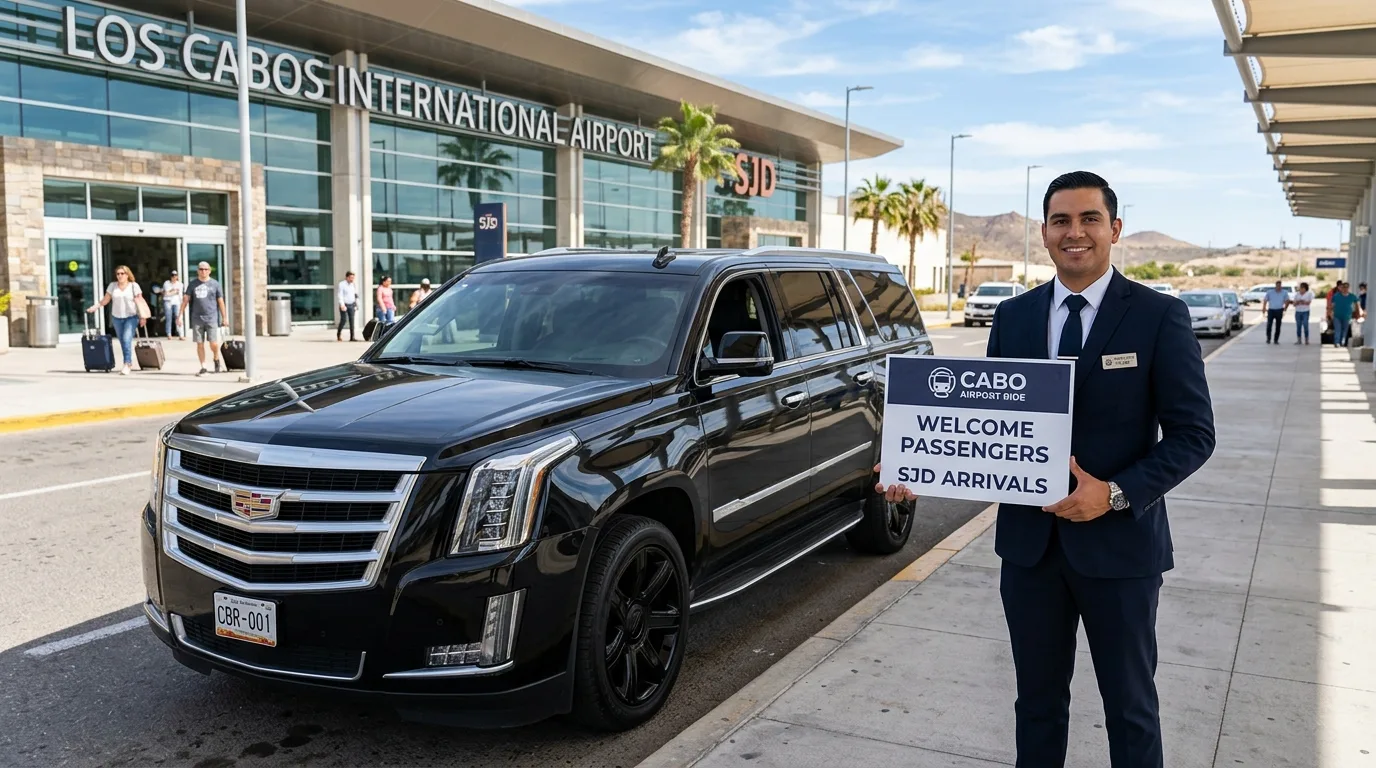 Professional driver with luxury SUV at SJD Airport for Los Cabos luxury airport transfers.