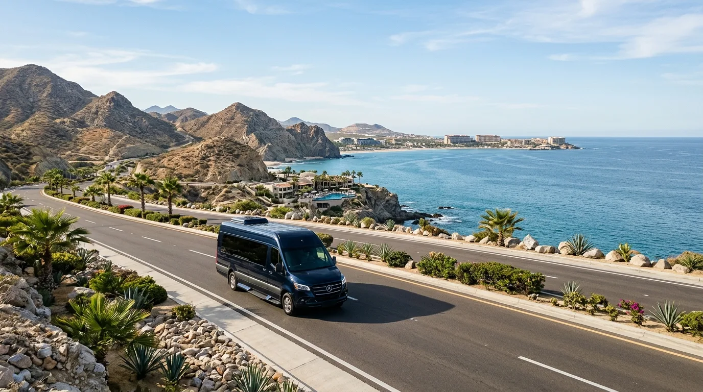 Spacious luxury private van interior for comfortable Los Cabos airport transportation.