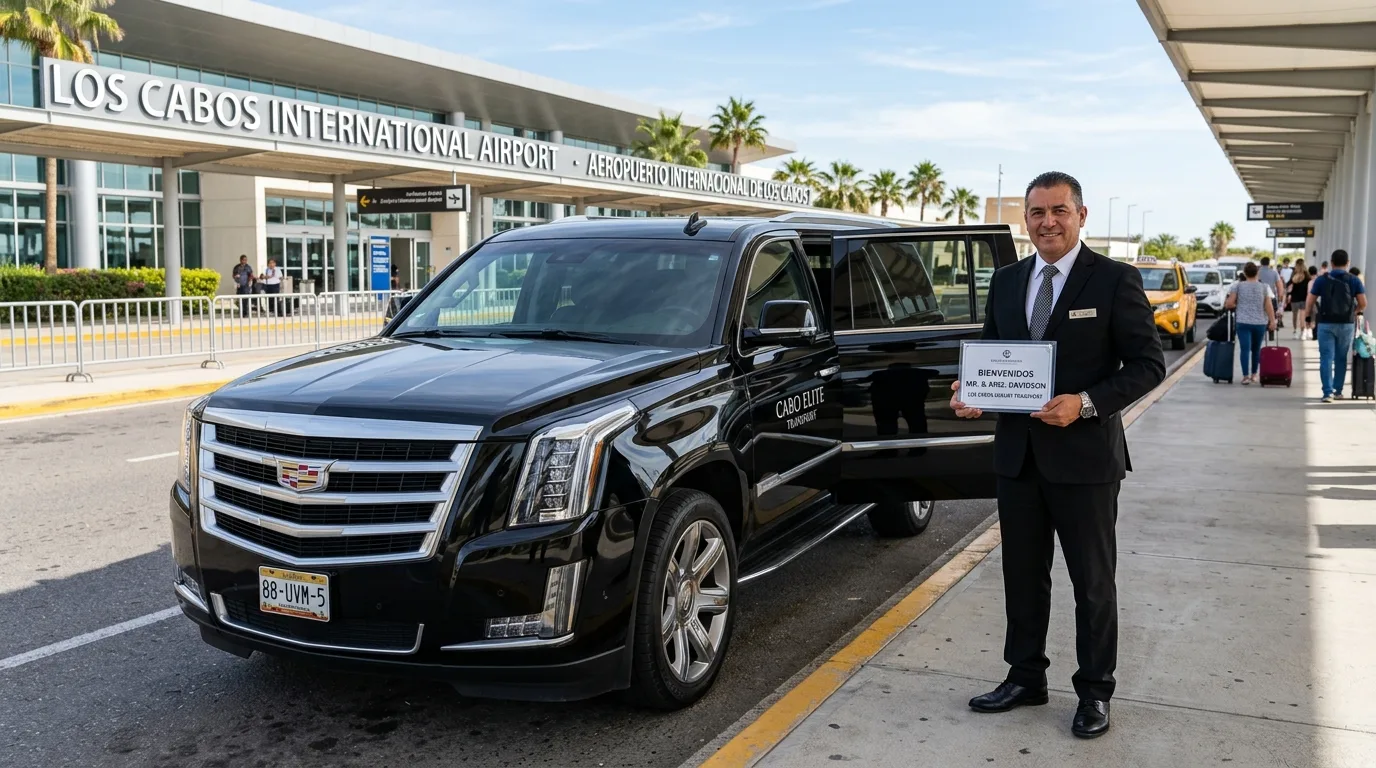 Seamless SJD Airport Meet & Greet for Private Transfers Professional driver with a personalized sign awaiting guests for Los Cabos private airport transfers at SJD Airport.