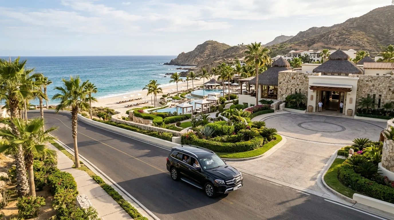 Relaxing Family Private Transportation in Los Cabos Family enjoying a comfortable private airport transfer in a luxury van along the scenic Los Cabos coast.