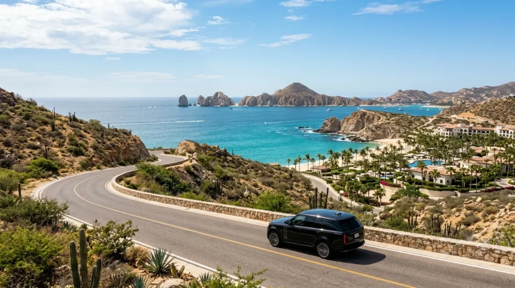 Panoramic view of Los Cabos with desert, ocean, and a private luxury SUV on the road.