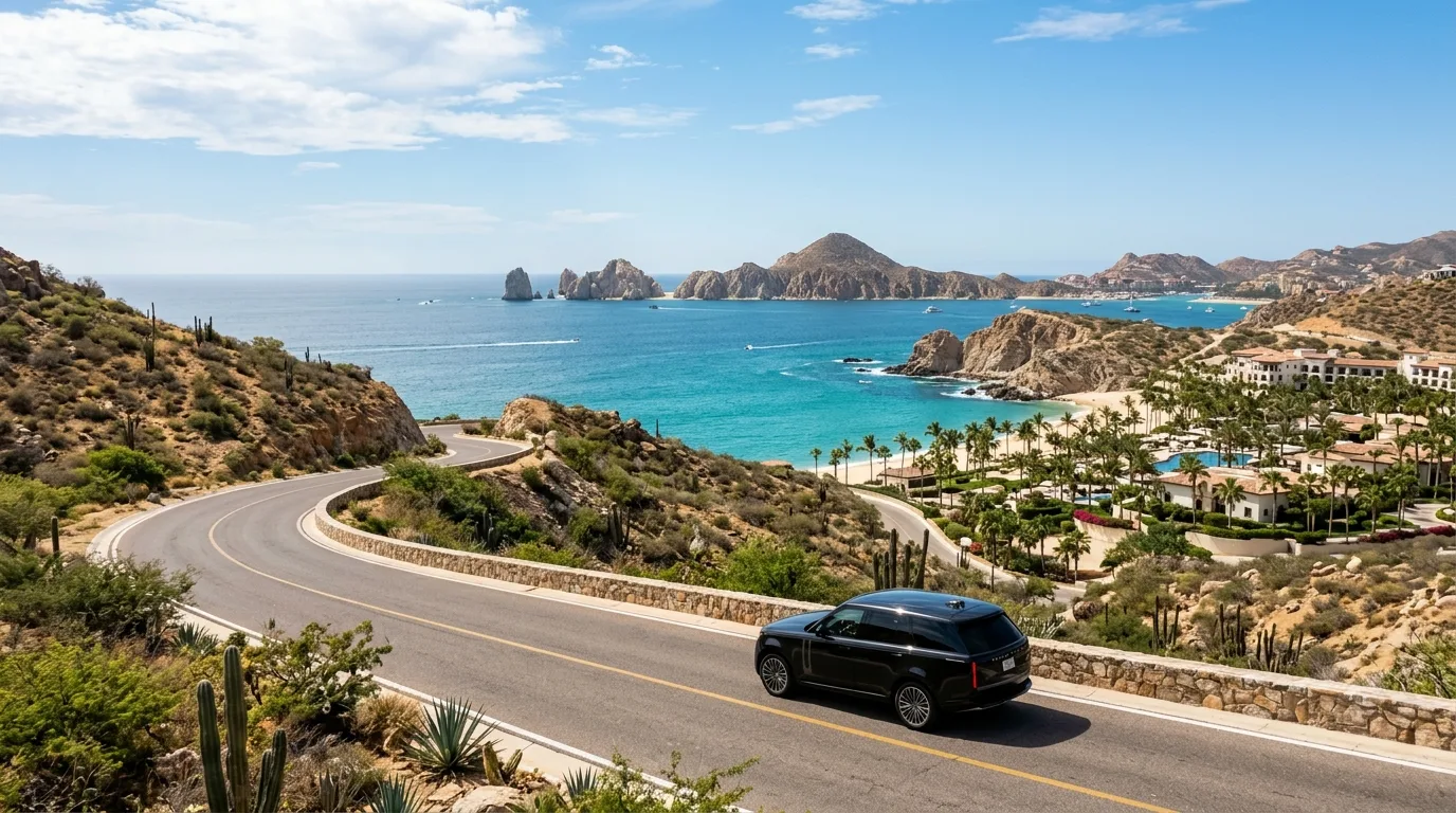 Panoramic view of Los Cabos with desert, ocean, and a private luxury SUV on the road.