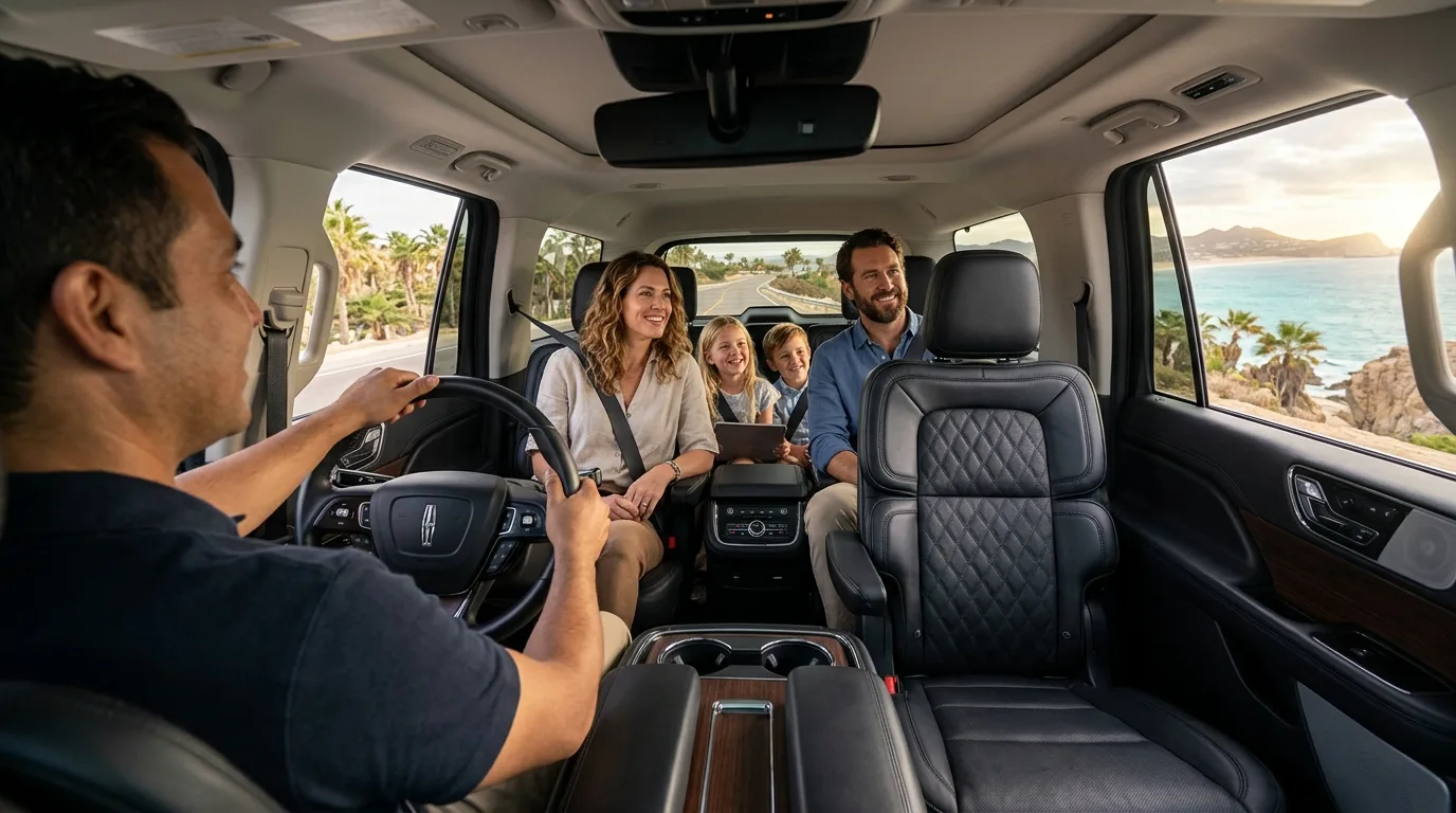 Family enjoying a comfortable ride in a private SUV on a scenic Los Cabos road.