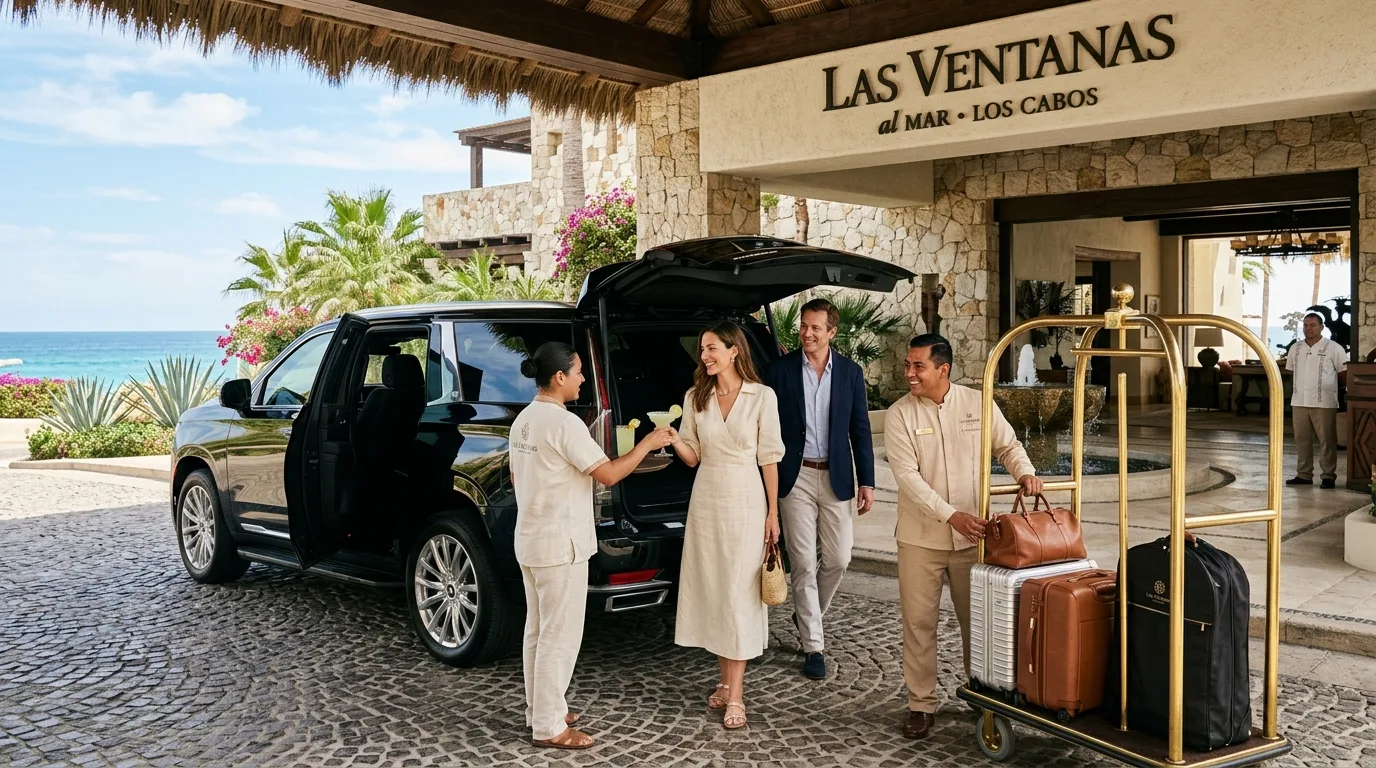 Private luxury van dropping off travelers at the entrance of a high-end Los Cabos resort.
