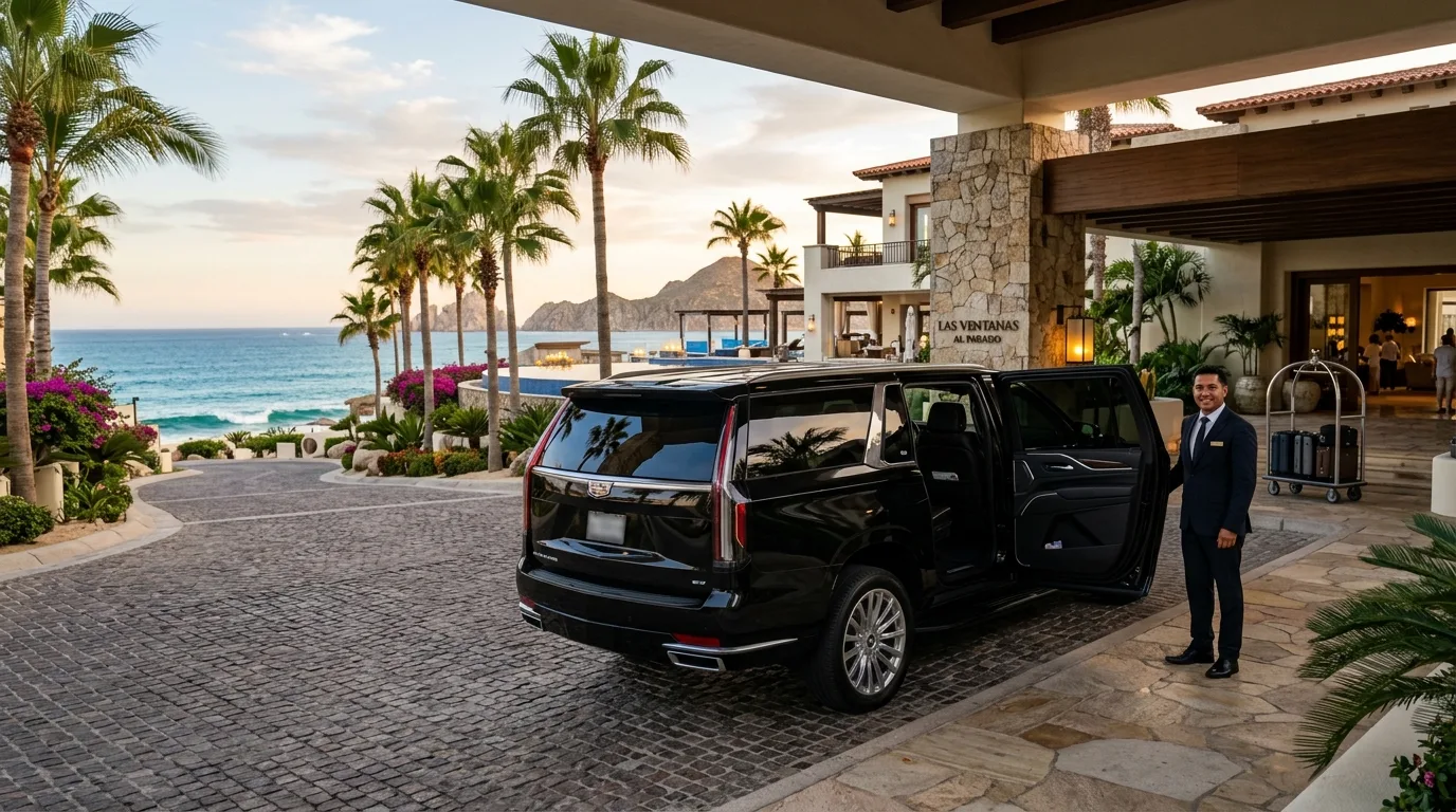 Luxury SUV airport transfer arriving at a Pacific Zone resort in Los Cabos