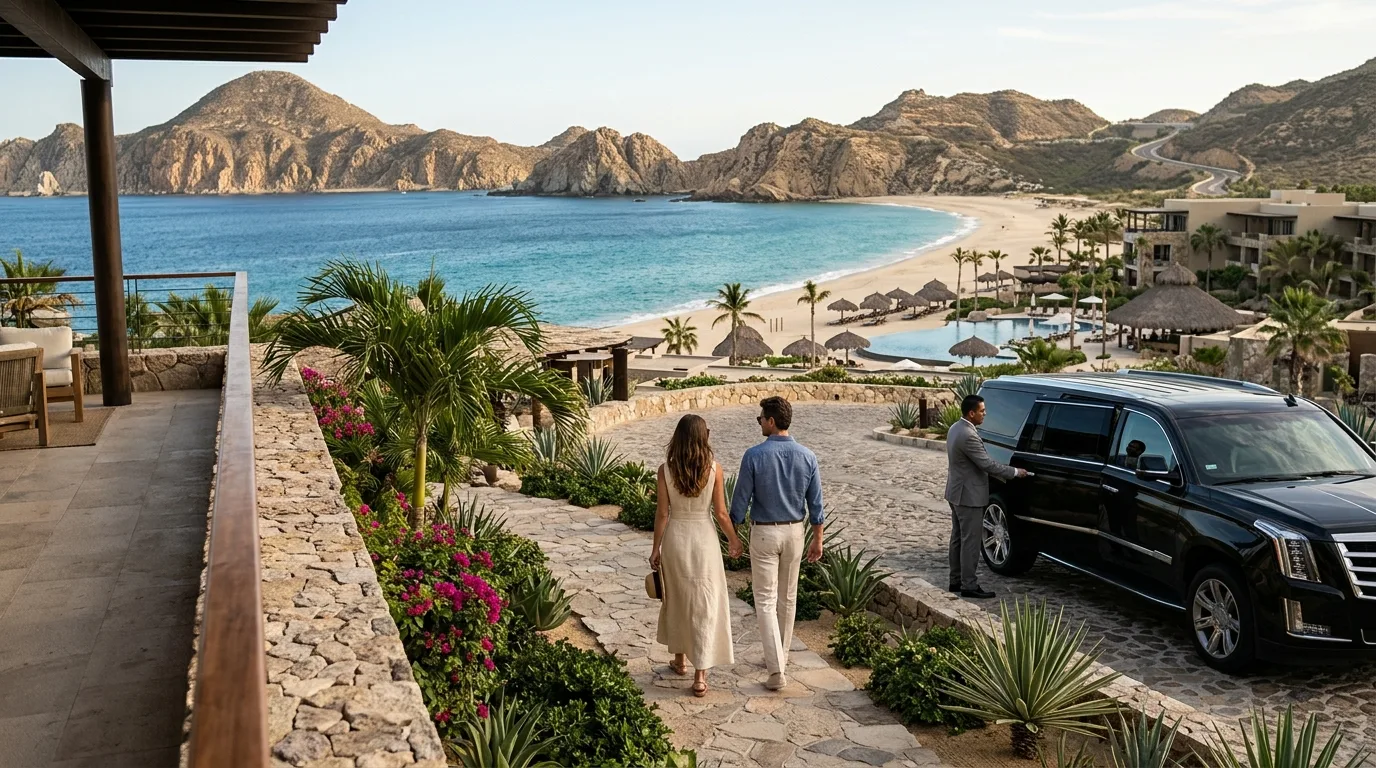 Aerial view of a luxury resort in Los Cabos' Pacific Zone with private transportation.