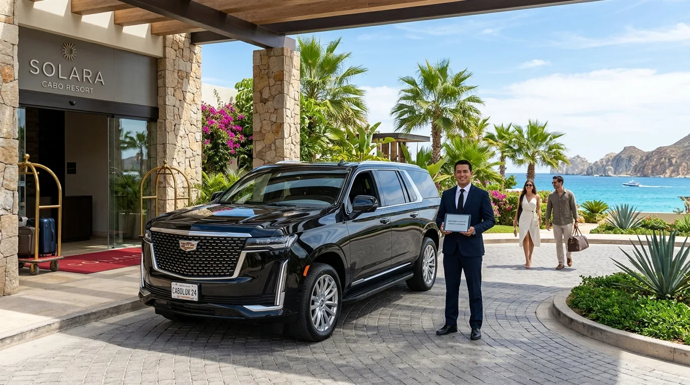 Luxury black SUV parked at a Cabo San Lucas resort entrance with a professional chauffeur awaiting guests for private car service.