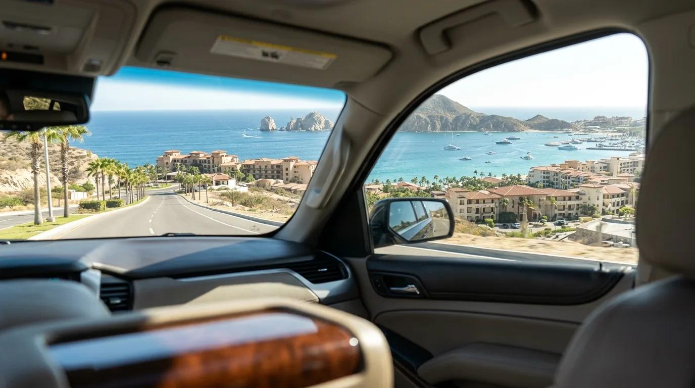Professional chauffeur assisting travelers with luggage into a luxury private van overlooking the Cabo San Lucas marina.