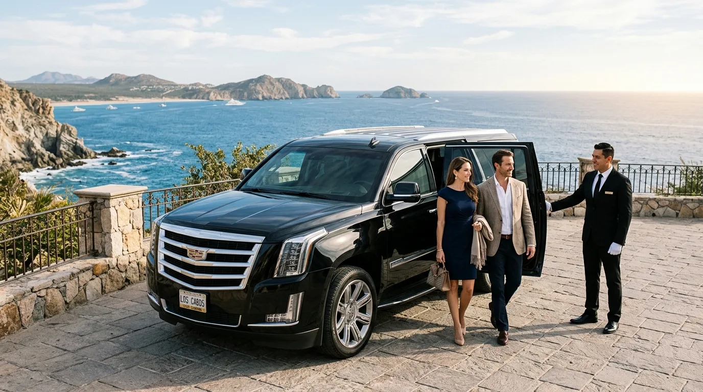 Private chauffeur service in Los Cabos with a luxury SUV at a scenic ocean view.