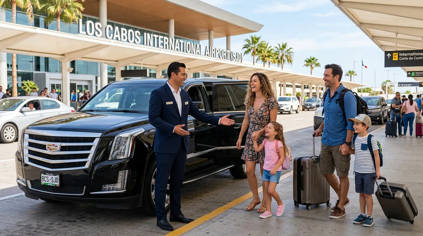 Family arriving at SJD Airport, greeted by a professional driver for private family transportation in Los Cabos.