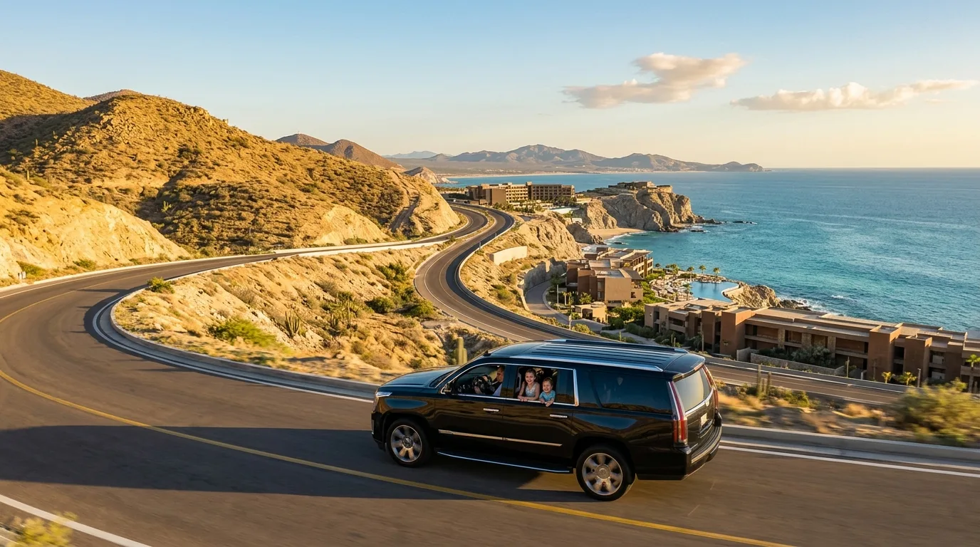 Family enjoying comfortable private van transportation to a Los Cabos resort.