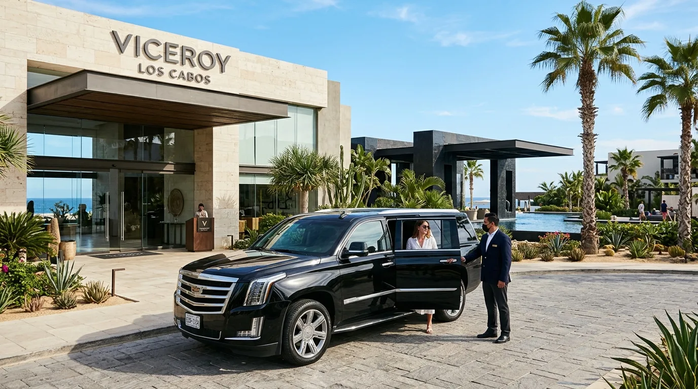 Luxury SUV parked at a Los Cabos resort for private airport transfer