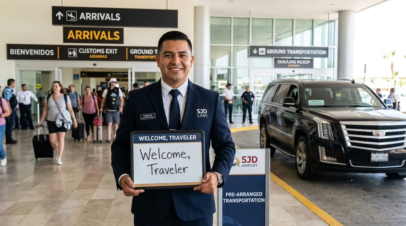 SJD Airport Meet & Greet Service Professional driver with personalized sign at SJD Airport for private transfer service.
