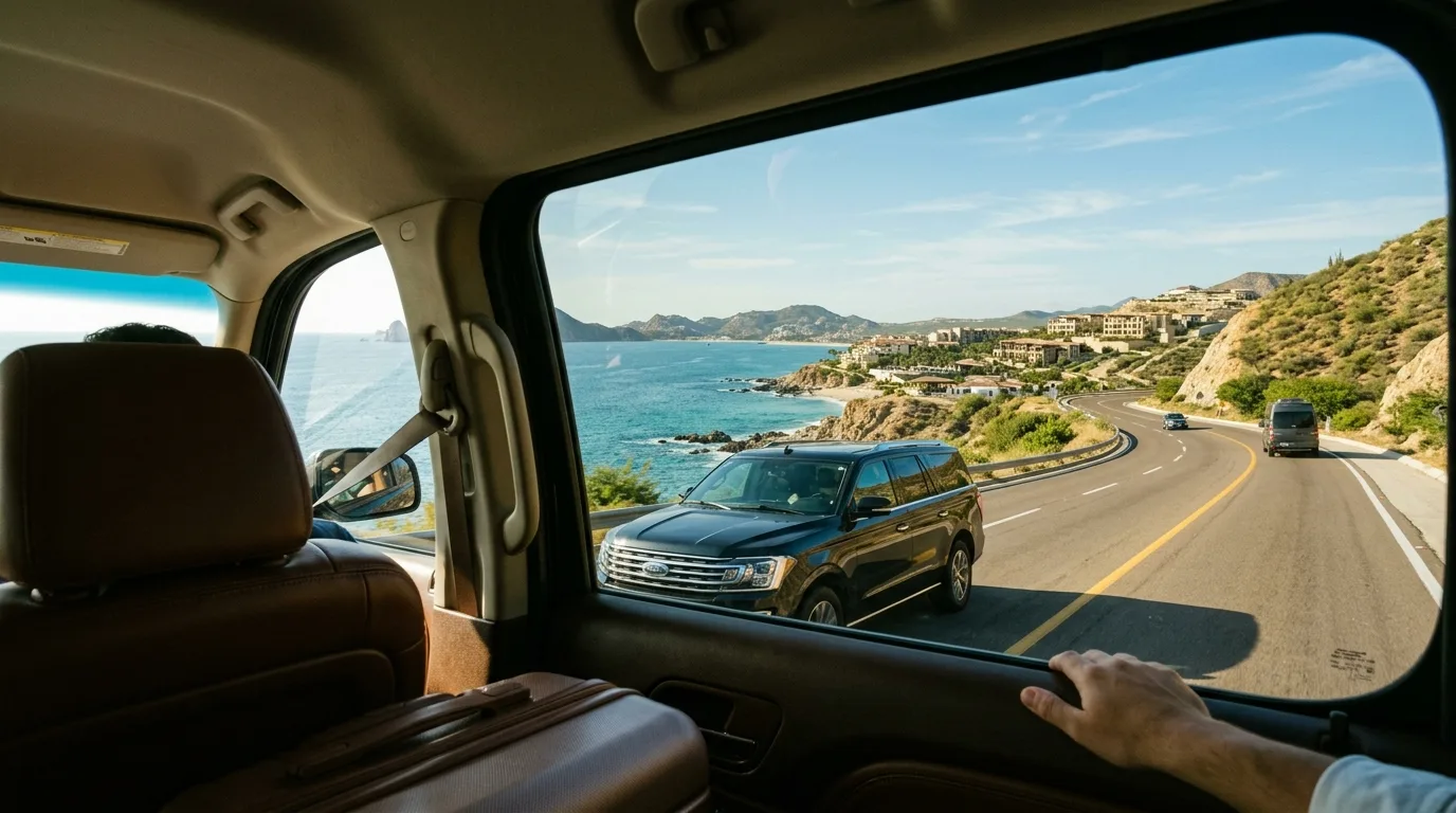 Premium Fleet for SJD Airport Transfers Luxury black SUV providing private SJD Airport Transfer Service to a Los Cabos resort.
