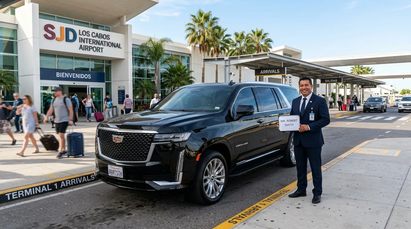 SJD Airport Private Transfer Meet & Greet Service Professional chauffeur greeting passengers at SJD Airport with a luxury SUV for private transfer.