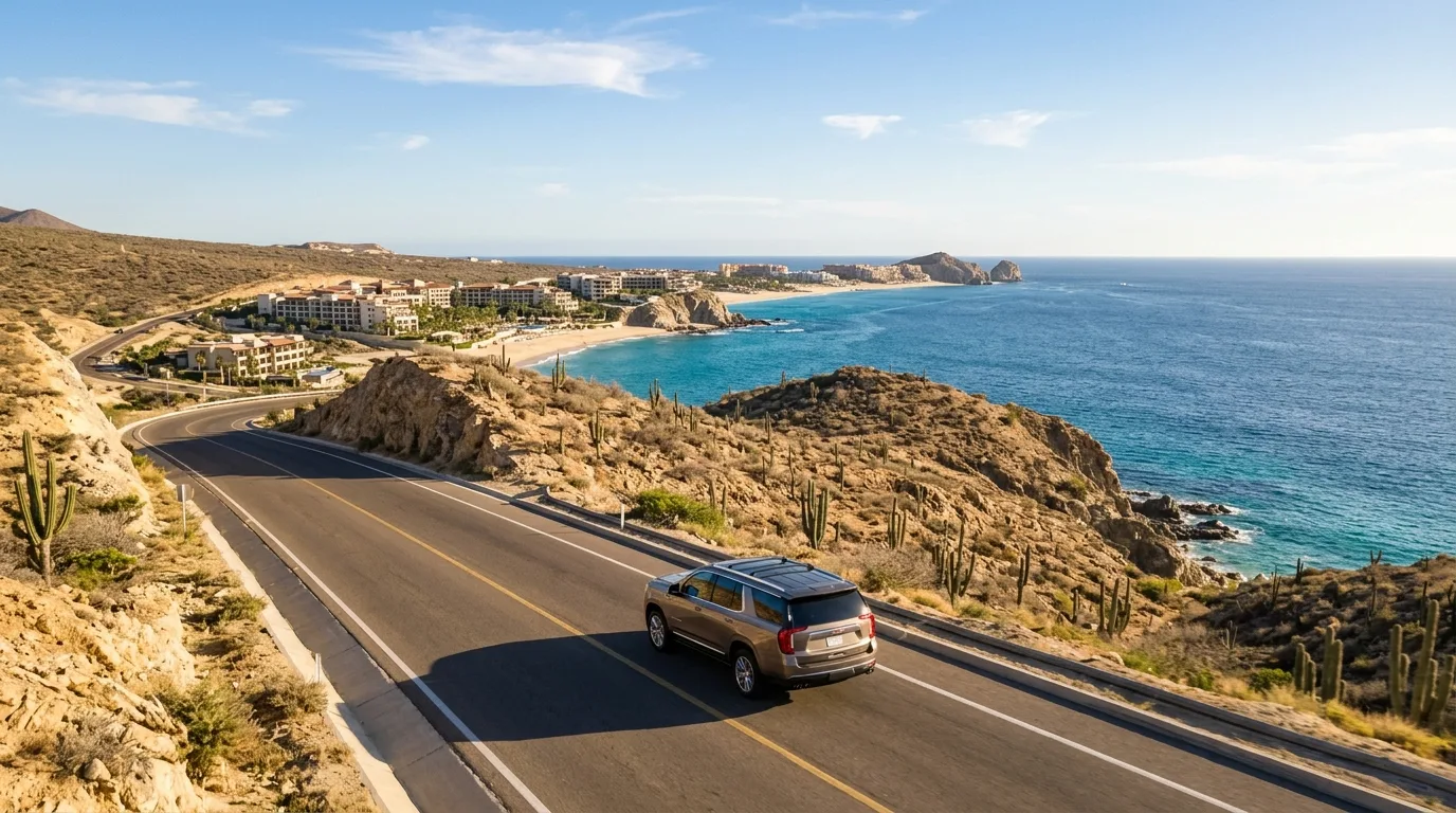 Comfortable Luxury Private Van Interior for Los Cabos Airport Transfers Family enjoying a comfortable luxury private transfer in a spacious SUV with child seats in Los Cabos.