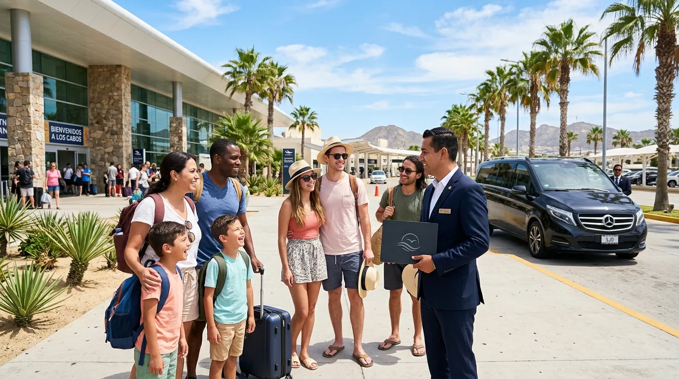 Professional chauffeur greeting travelers with a private transfer sign outside SJD Airport terminal.