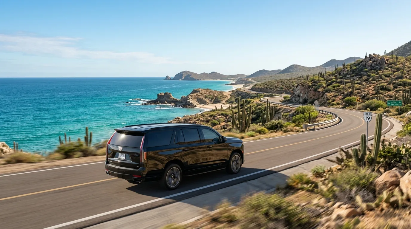 Luxury private transfer vehicle driving on a scenic coastal road from SJD Airport in Los Cabos.