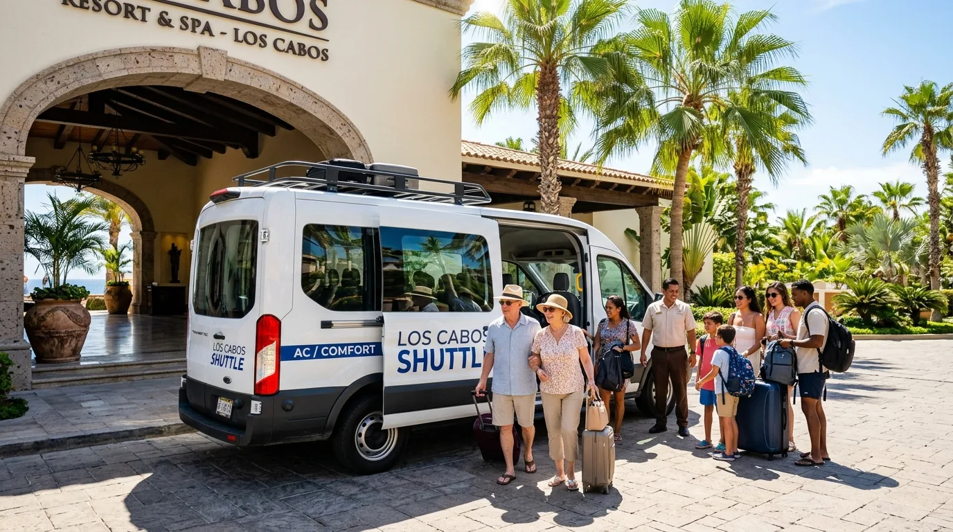Shared shuttle passengers arriving at a resort entrance in Los Cabos from SJD Airport.